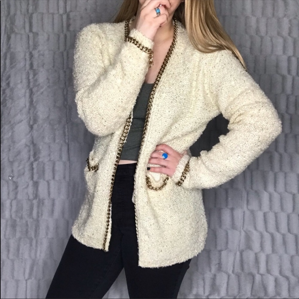 chanel-like chain cardigan sparkle gold white